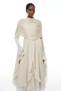 Gustave Neutral Ruched Cape Ruffled Maxi Dress