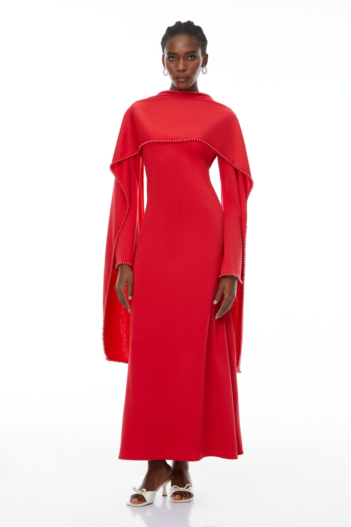 Piroska Red Pearl Trim Shawl Detail Maxi Dress