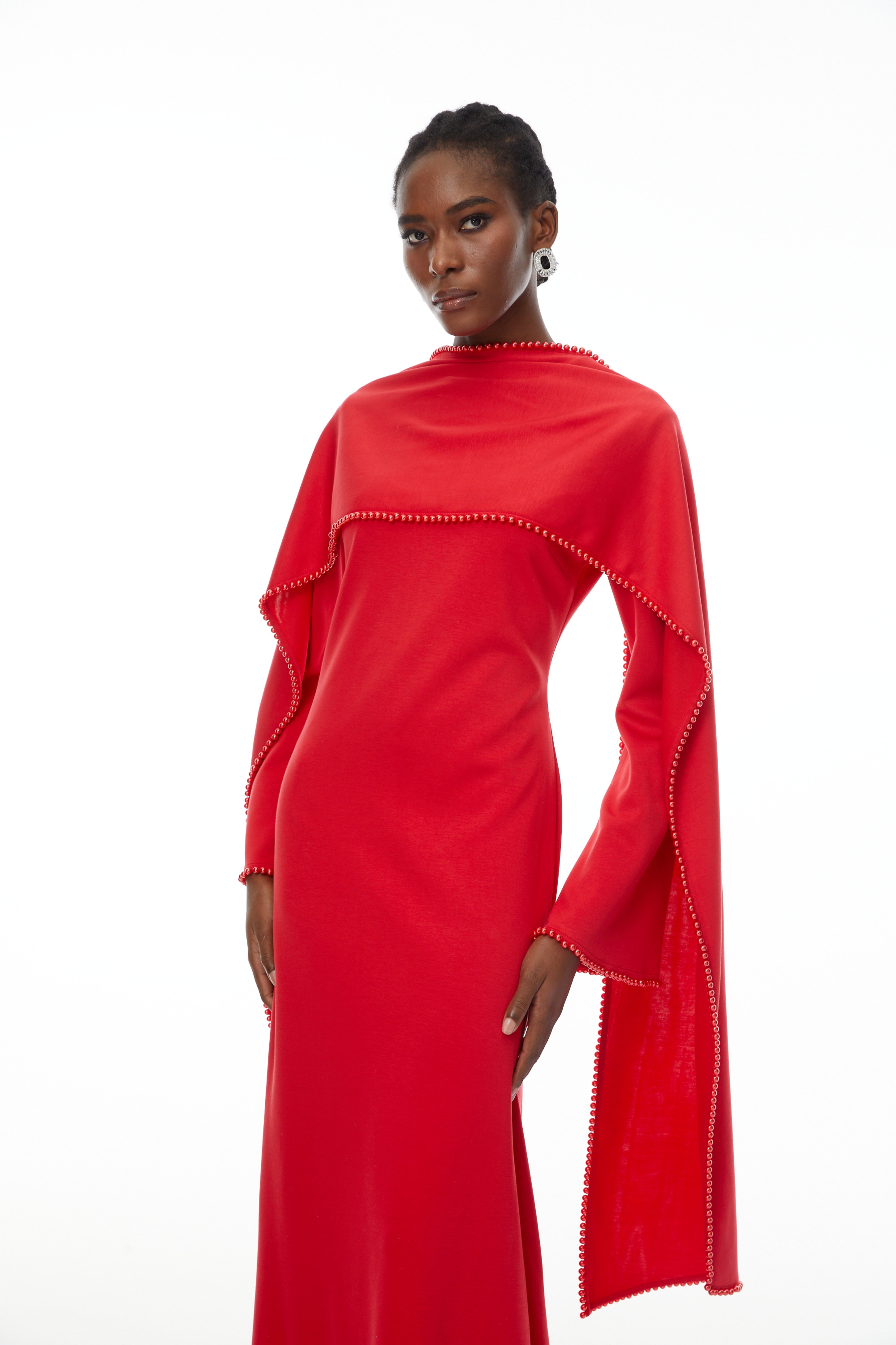 Piroska Red Pearl Trim Shawl Detail Maxi Dress