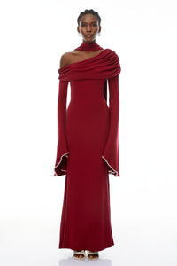 Simona Burgundy One Shoulder Pearl Trim Maxi Gown