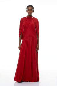 Bergljot Red Cape Design Mesh Maxi Dress