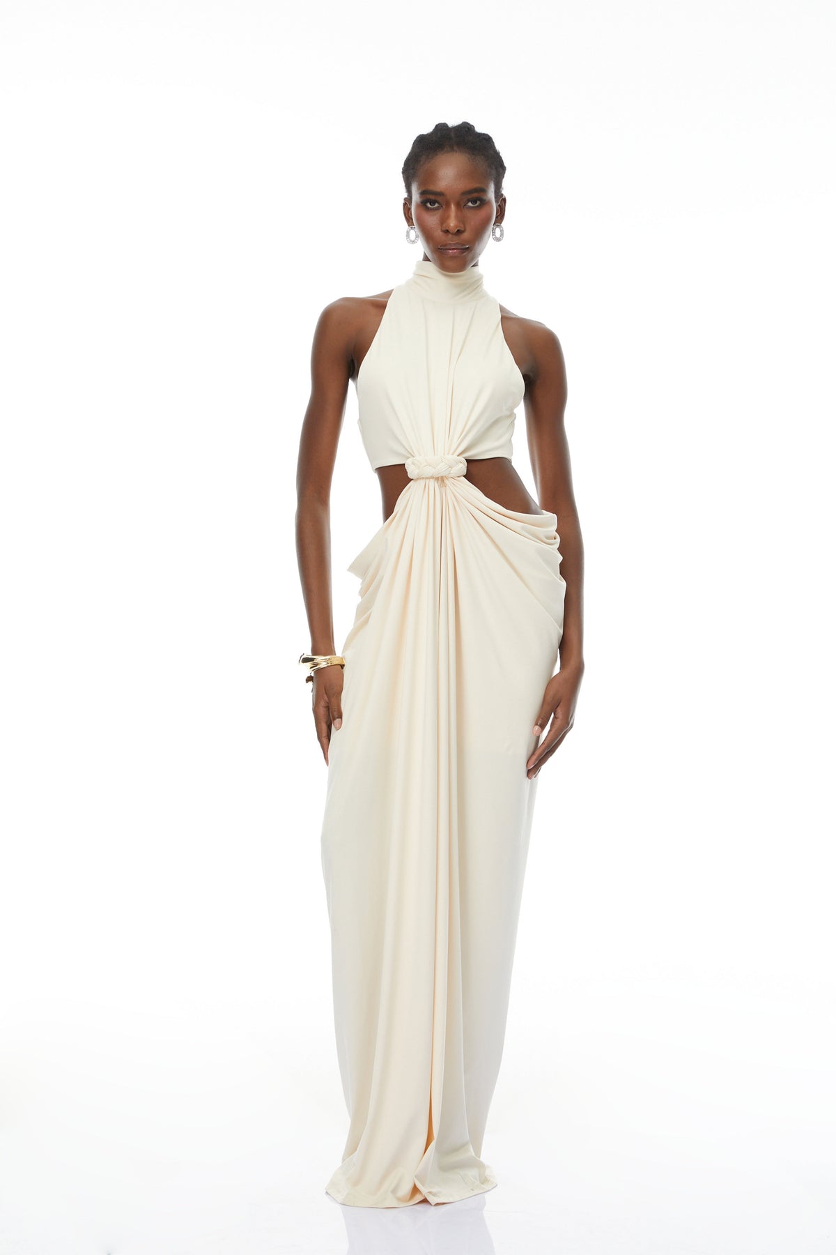 Joaquín Neutral Braid Detail Ruched Dress Maxi