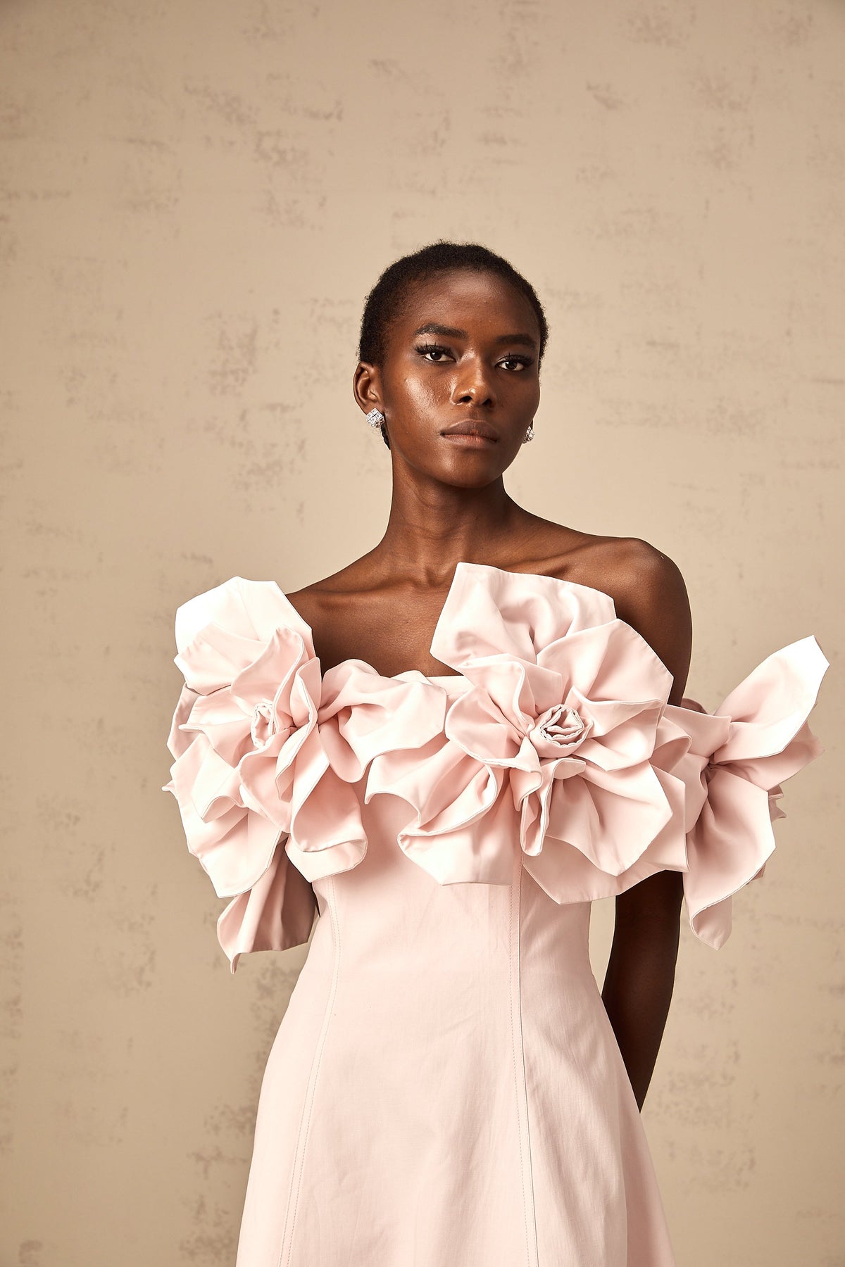 Juliette pink off-shoulder 3D-petal midi dress