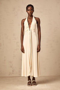 Géraldine white deep V-neck draped maxi dress