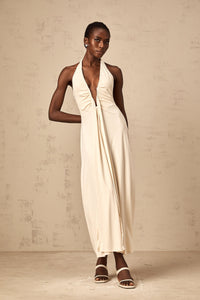 Géraldine white deep V-neck draped maxi dress