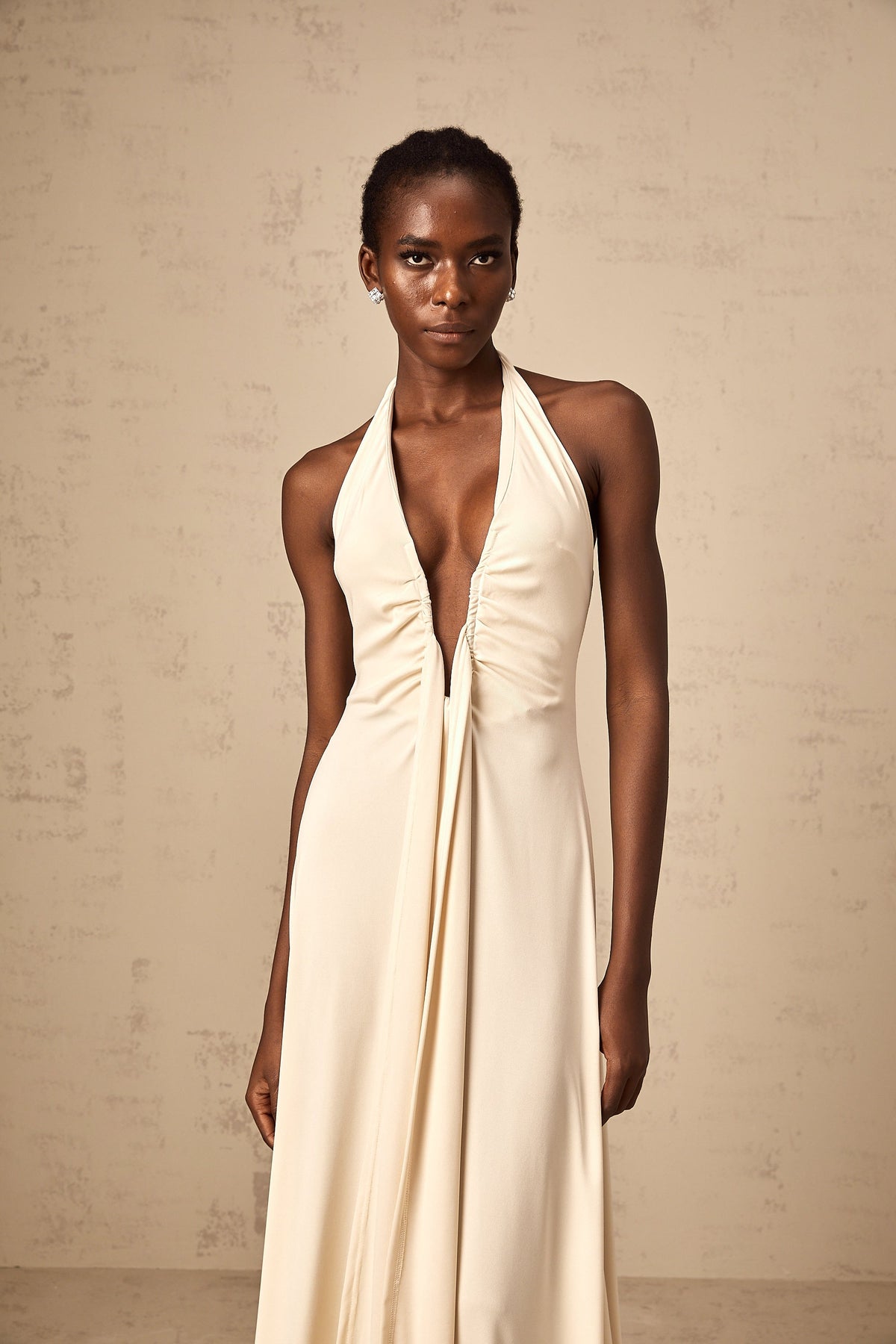 Géraldine white deep V-neck draped maxi dress