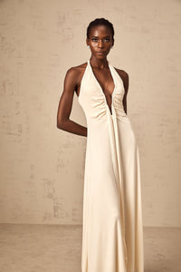Géraldine white deep V-neck draped maxi dress
