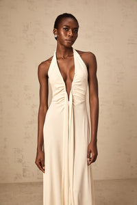 Géraldine white deep V-neck draped maxi dress