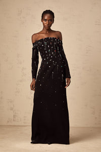 Gabrielle black crystal off-shoulder maxi dress