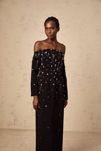 Gabrielle black crystal off-shoulder maxi dress