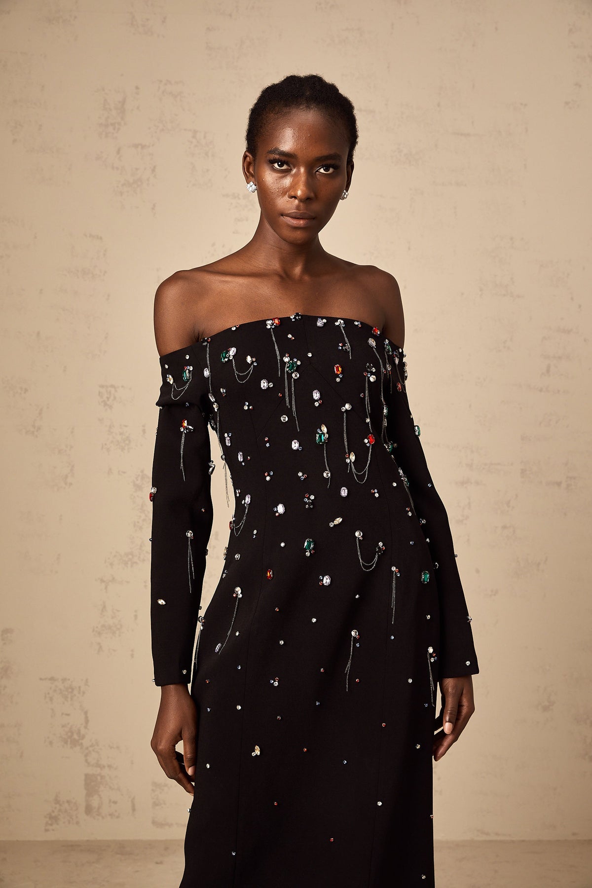 Gabrielle black crystal off-shoulder maxi dress