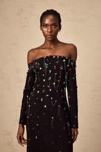 Gabrielle black crystal off-shoulder maxi dress