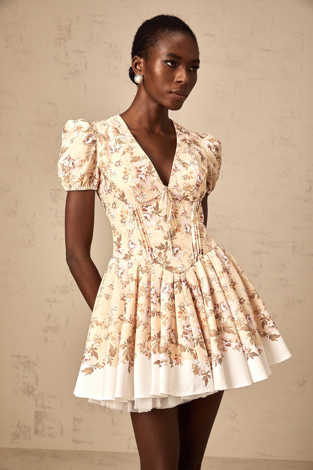 Alizée yellow floral-print pleated mini dress