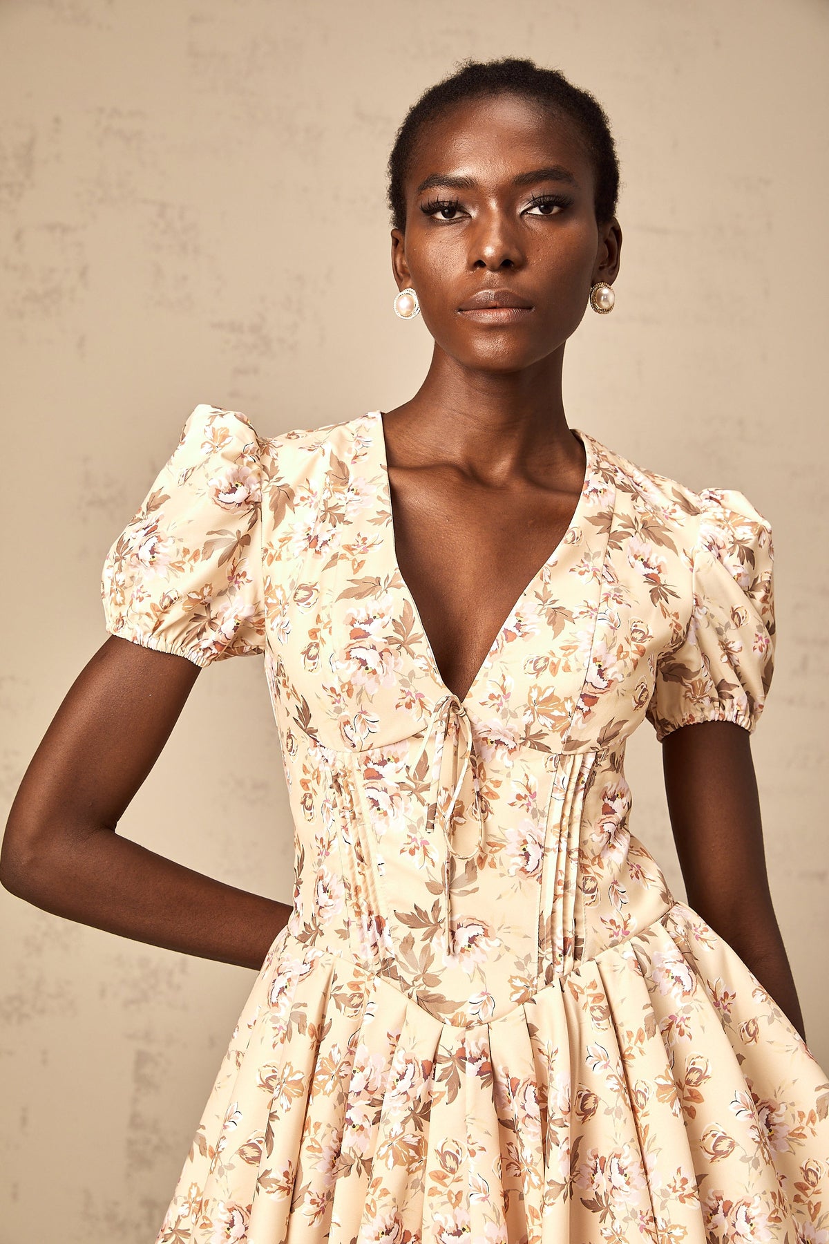 Alizée yellow floral-print pleated mini dress