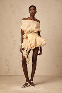 Amélie floral-appliqué flounced mini dress in Neutrals