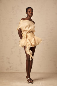 Amélie floral-appliqué flounced mini dress in Neutrals