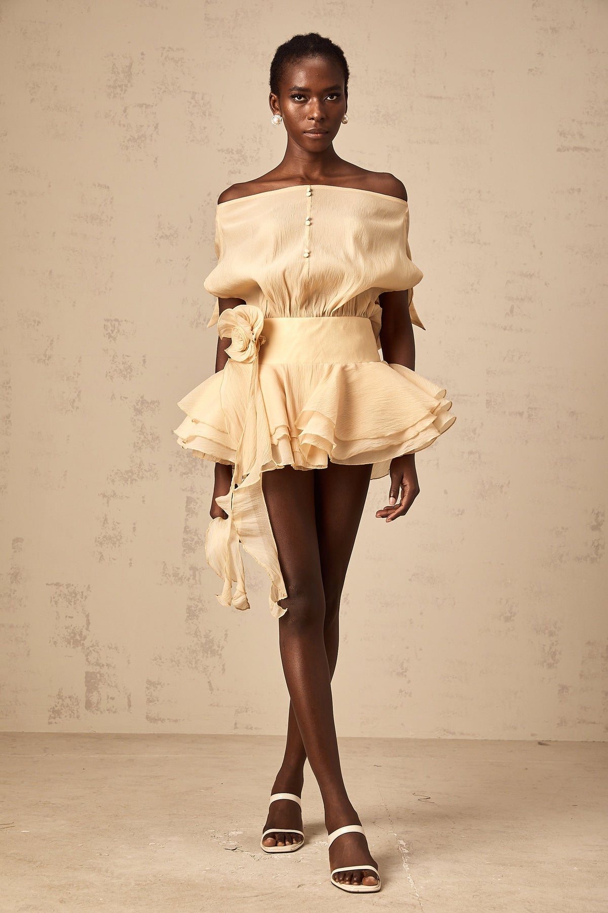 Amélie floral-appliqué flounced mini dress in Neutrals