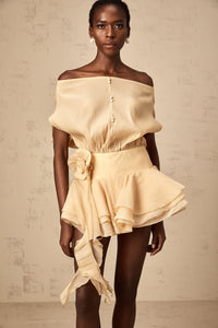 Amélie floral-appliqué flounced mini dress in Neutrals