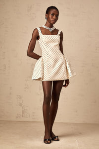 Geneviève neutrals polka-dot puff mini dress
