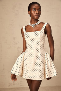 Geneviève neutrals polka-dot puff mini dress