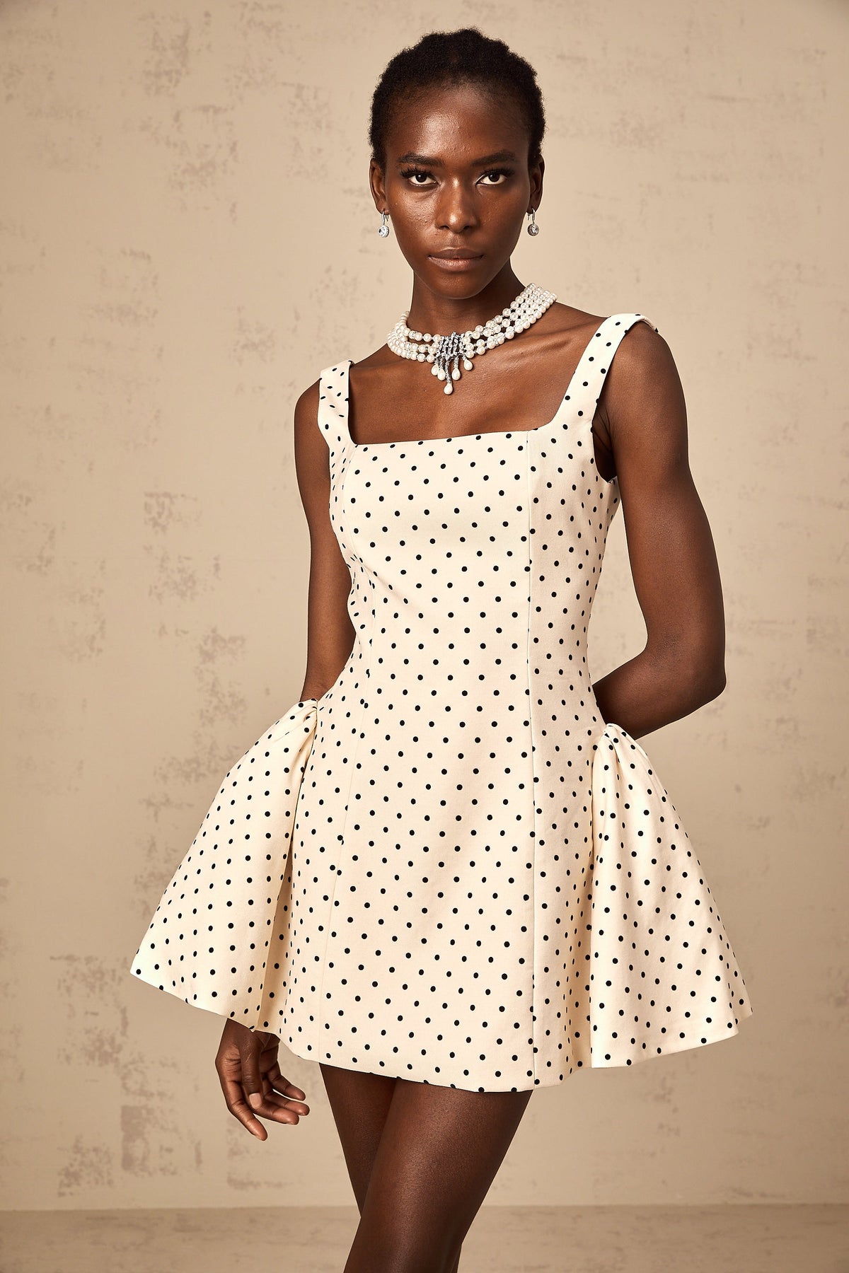 Geneviève neutrals polka-dot puff mini dress
