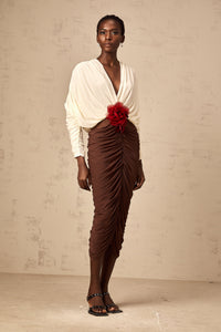 Léontine color-blocked flower-brooch ruched midi dress