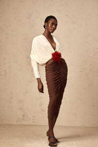 Léontine color-blocked flower-brooch ruched midi dress