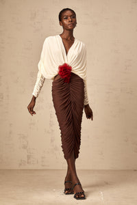 Léontine color-blocked flower-brooch ruched midi dress
