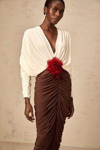 Léontine color-blocked flower-brooch ruched midi dress