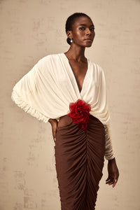 Léontine color-blocked flower-brooch ruched midi dress