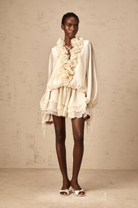 Zéphyrine floral-appliqué tiered mini dress in Neutrals