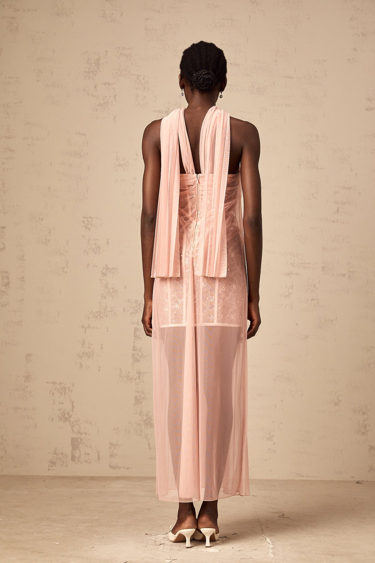 Monique ribbon-design pleated tulle maxi dress in Pink