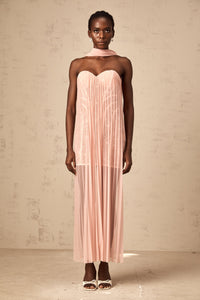 Monique ribbon-design pleated tulle maxi dress in Pink