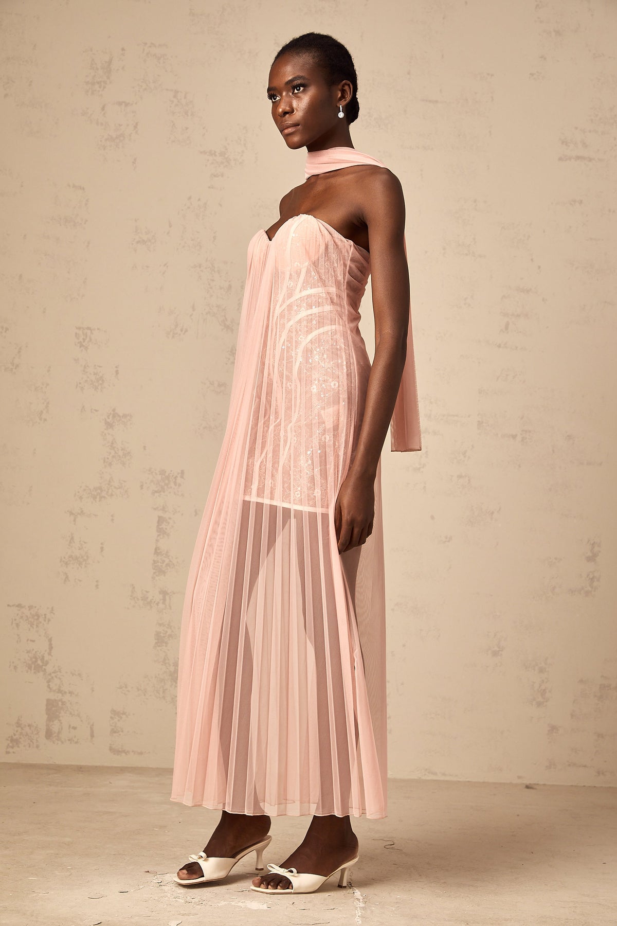 Monique ribbon-design pleated tulle maxi dress in Pink