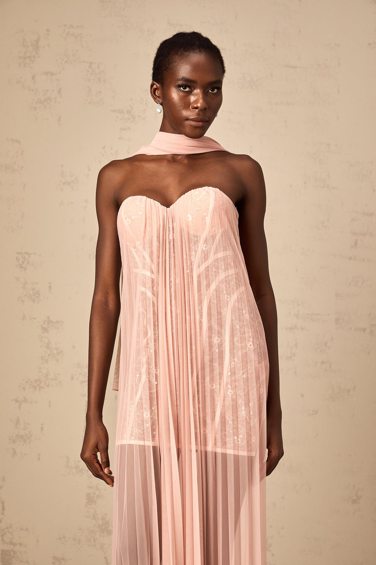 Monique ribbon-design pleated tulle maxi dress in Pink