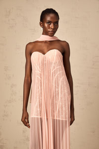 Monique ribbon-design pleated tulle maxi dress in Pink