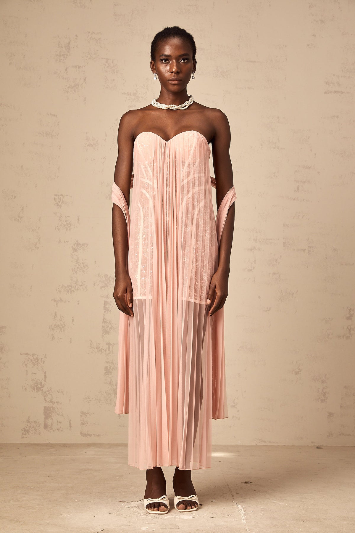 Monique ribbon-design pleated tulle maxi dress in Pink