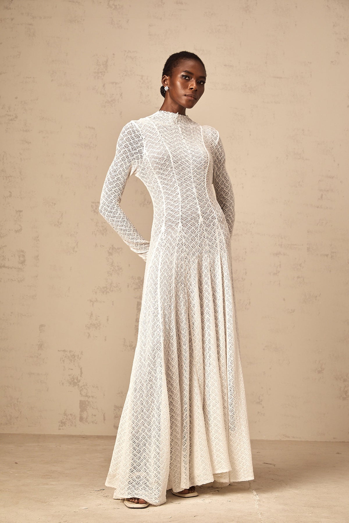 Athena wavy-pattern lace maxi dress in White