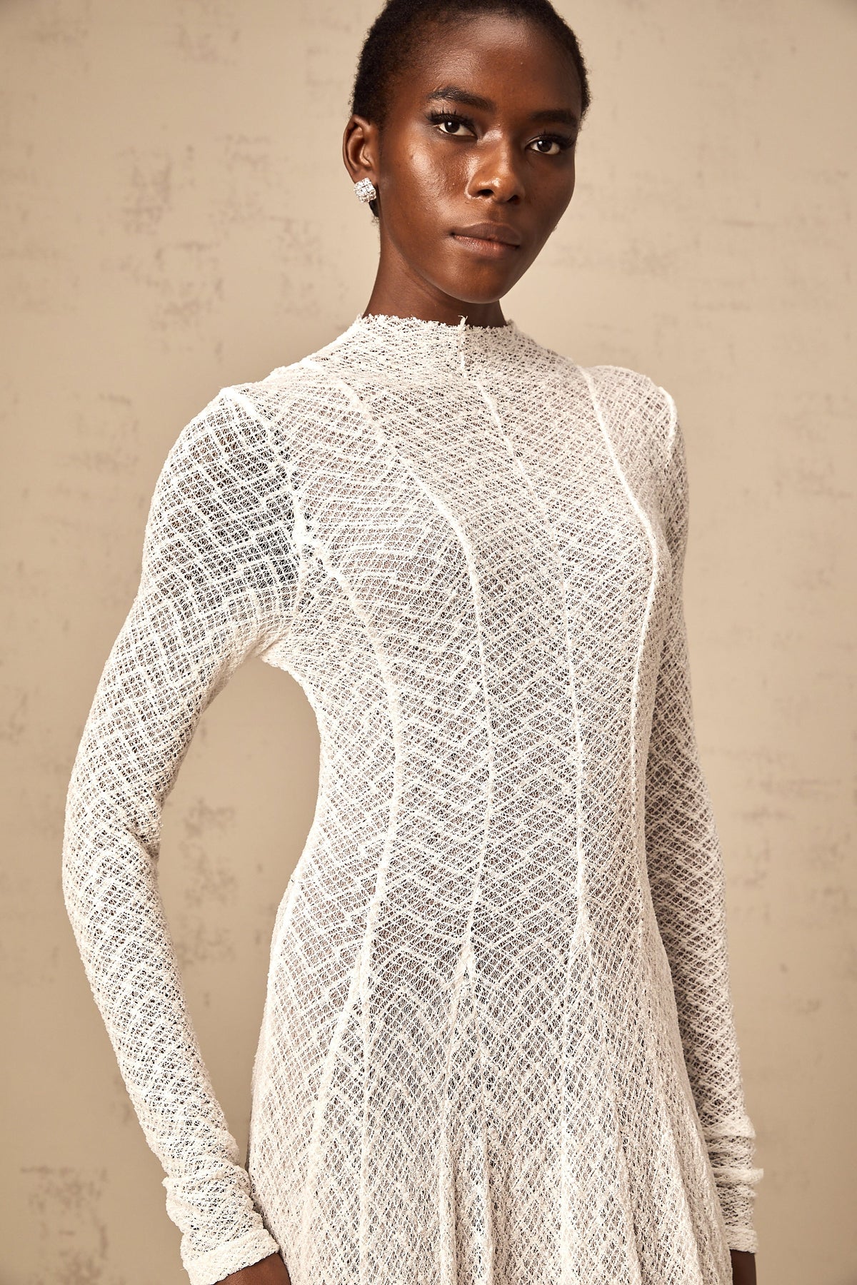 Athena wavy-pattern lace maxi dress in White