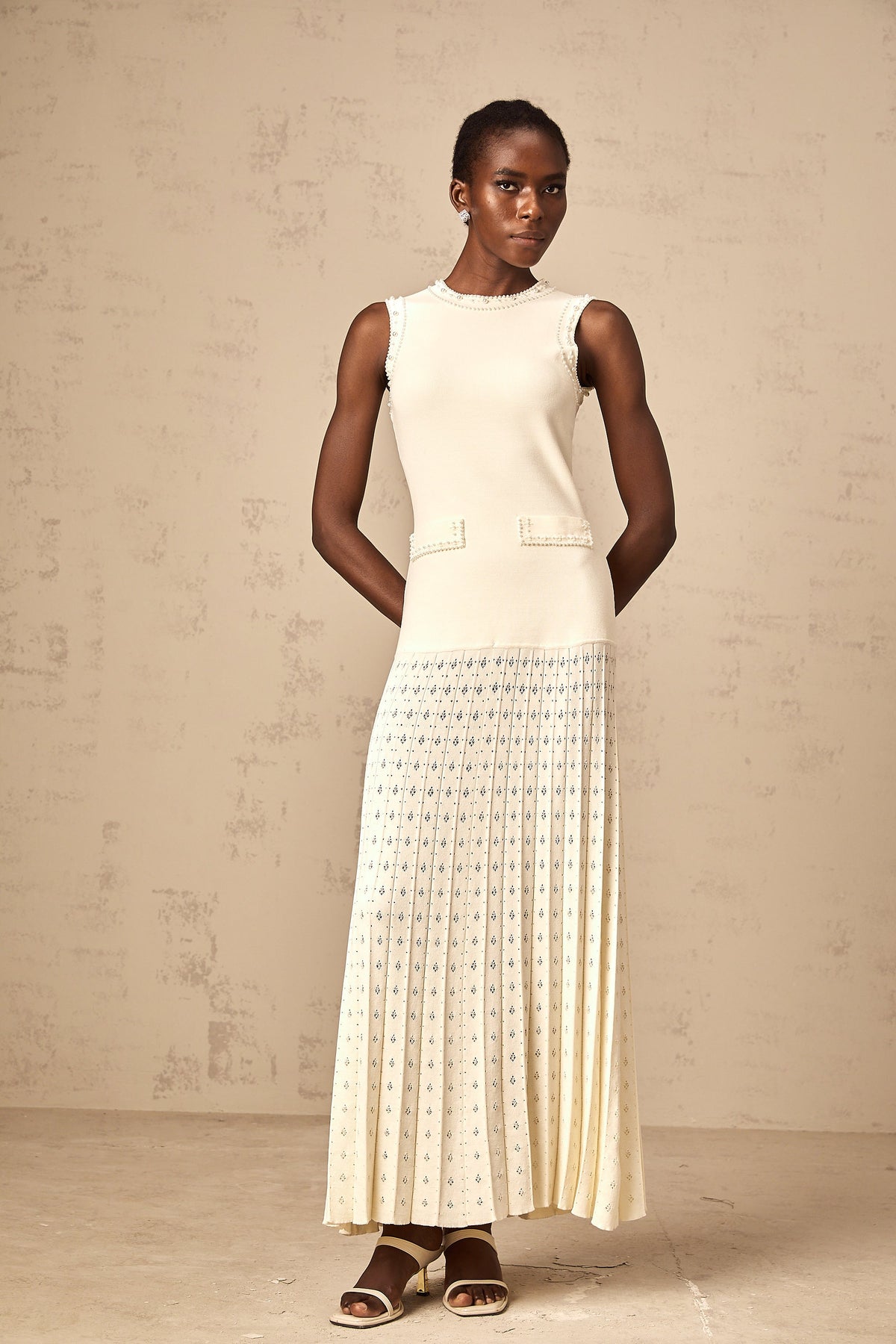 Donatienne white faux-pearl knitted maxi dress