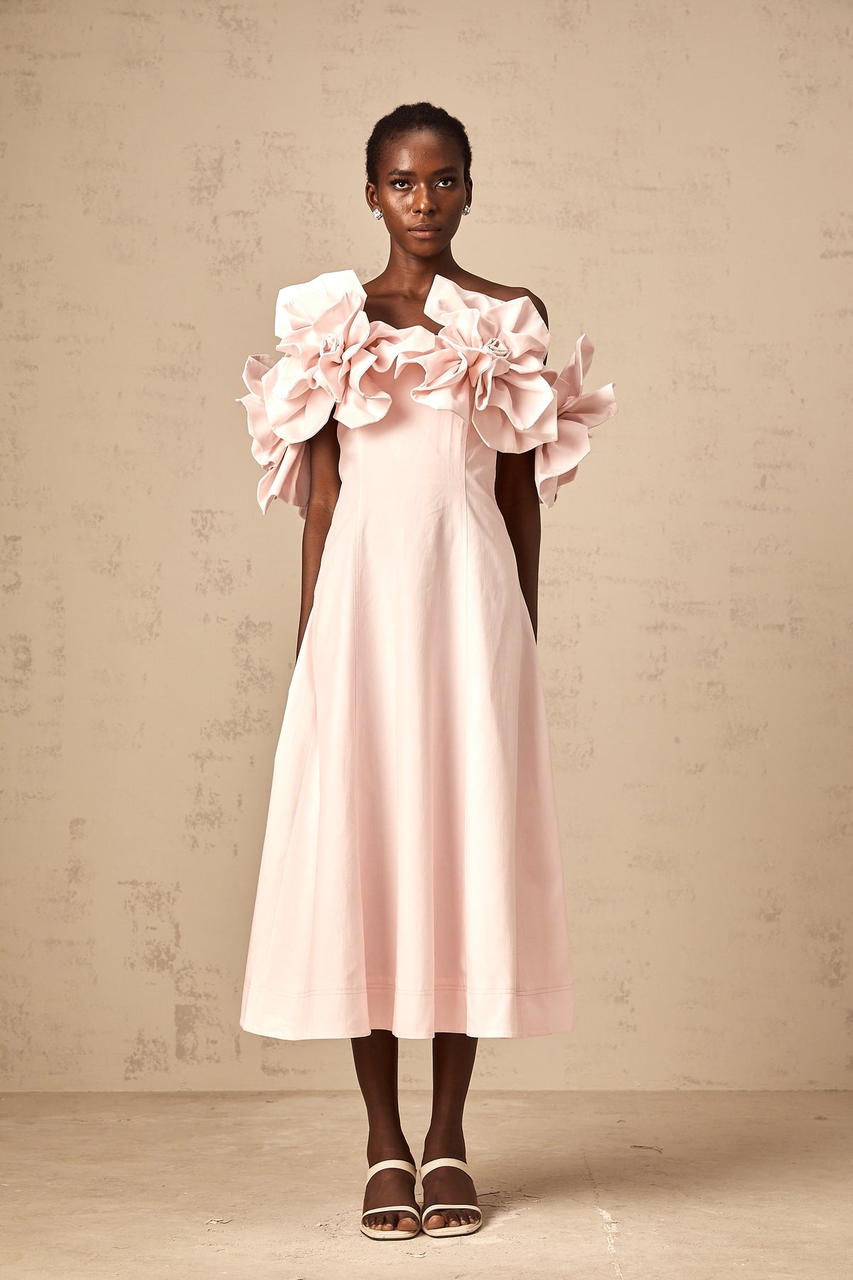 Juliette pink off-shoulder 3D-petal midi dress