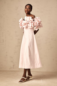 Juliette pink off-shoulder 3D-petal midi dress