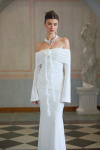 Wanda white glittered floral-appliqué knit maxi dress