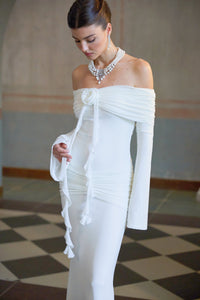 Wanda white glittered floral-appliqué knit maxi dress
