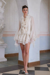 Zéphyrine floral-appliqué tiered mini dress in Neutrals