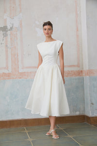 Amandine white open-back cap-sleeve midi dress