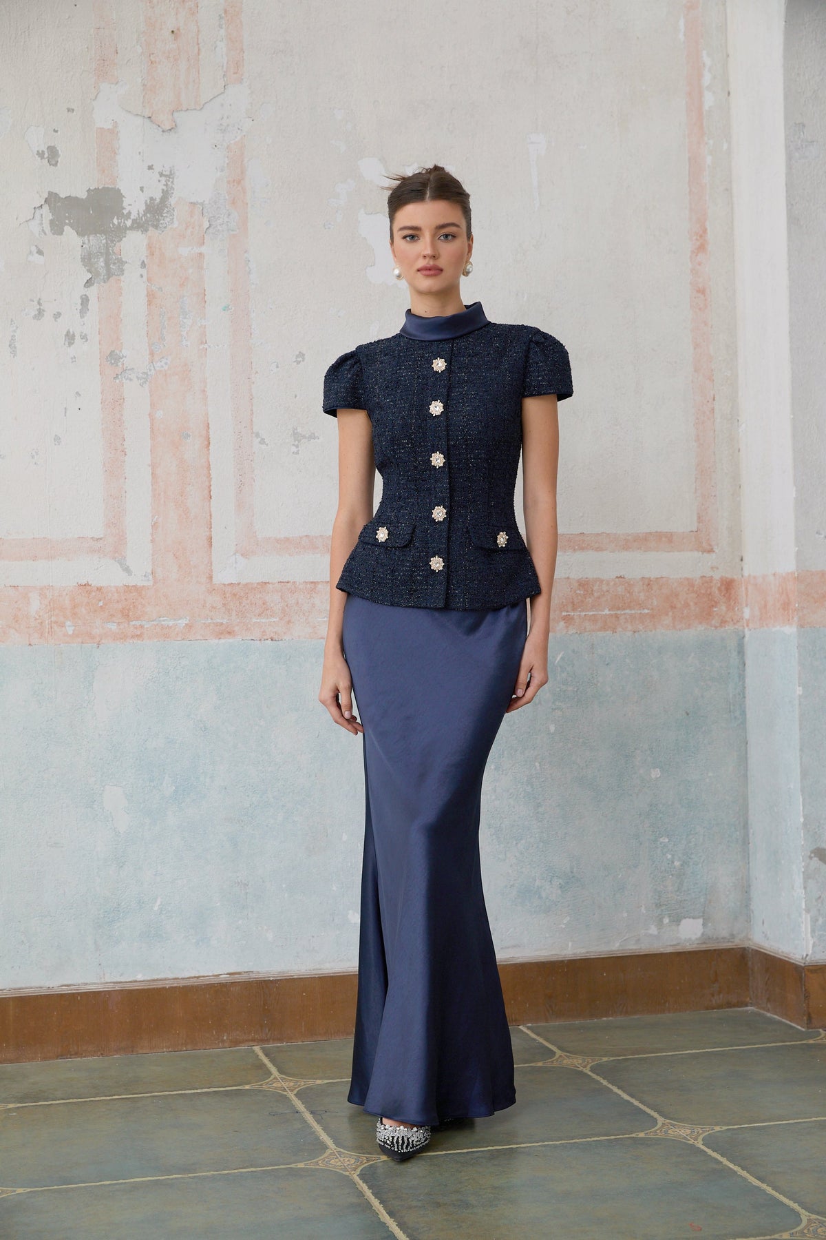 Josette blue peplum-waist panelled maxi dress