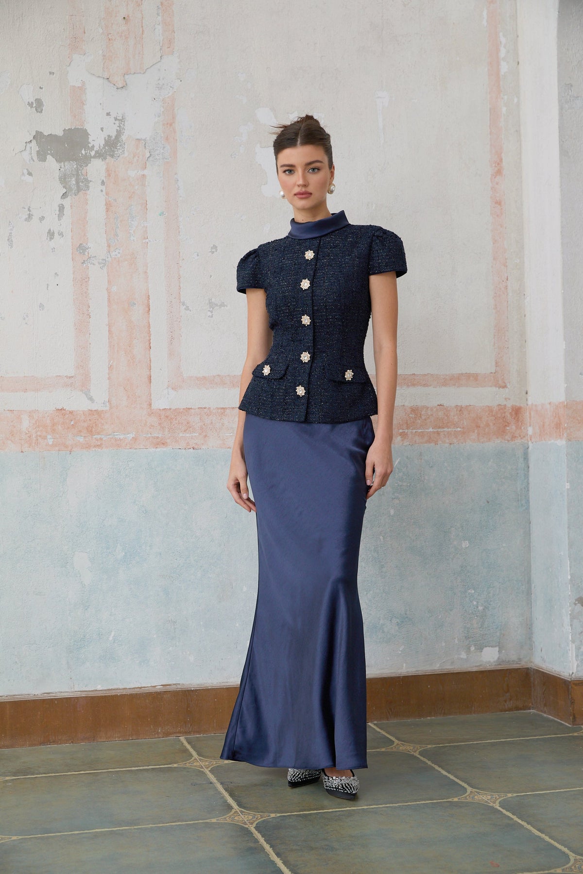 Josette blue peplum-waist panelled maxi dress