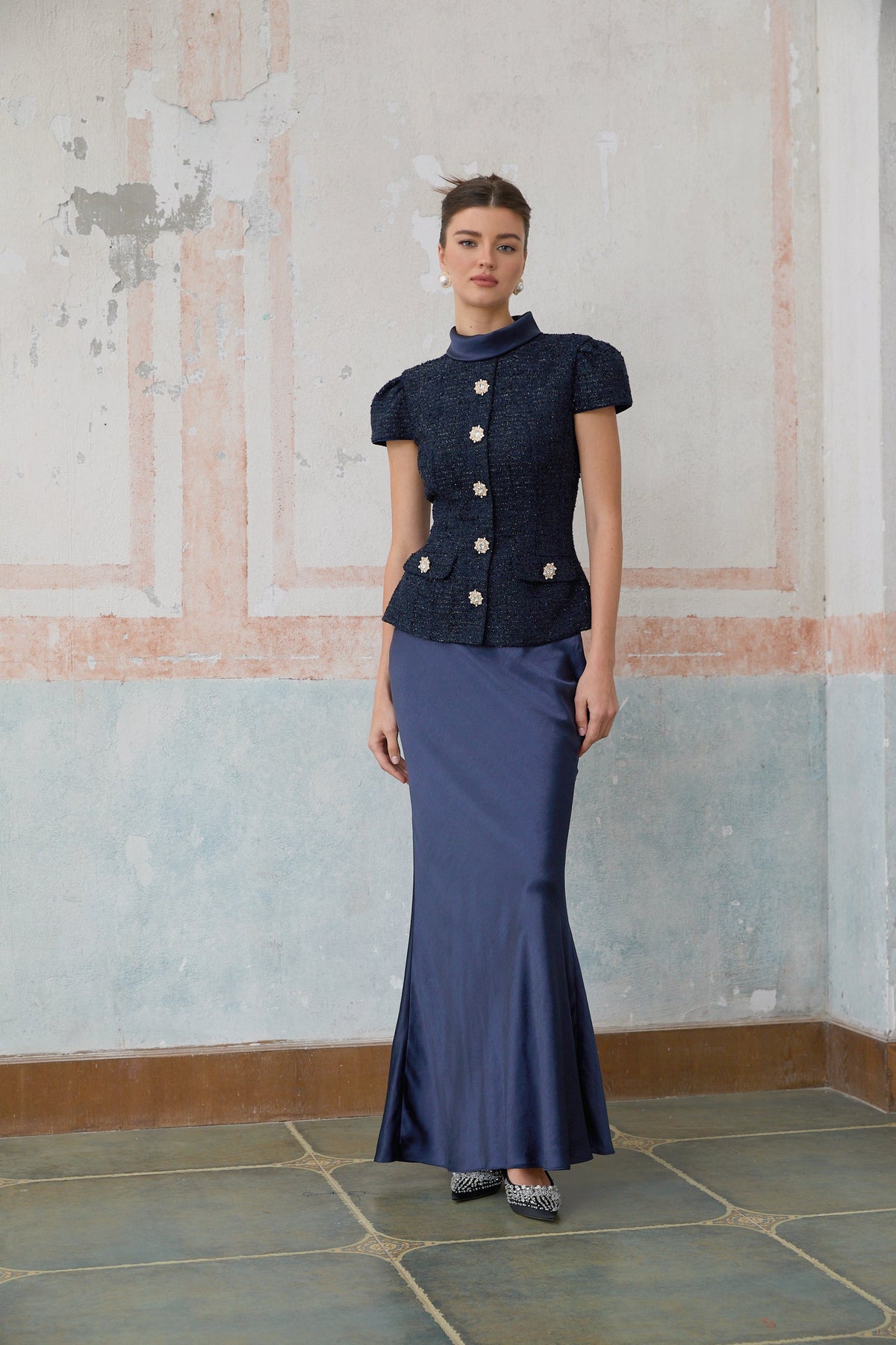 Josette blue peplum-waist panelled maxi dress