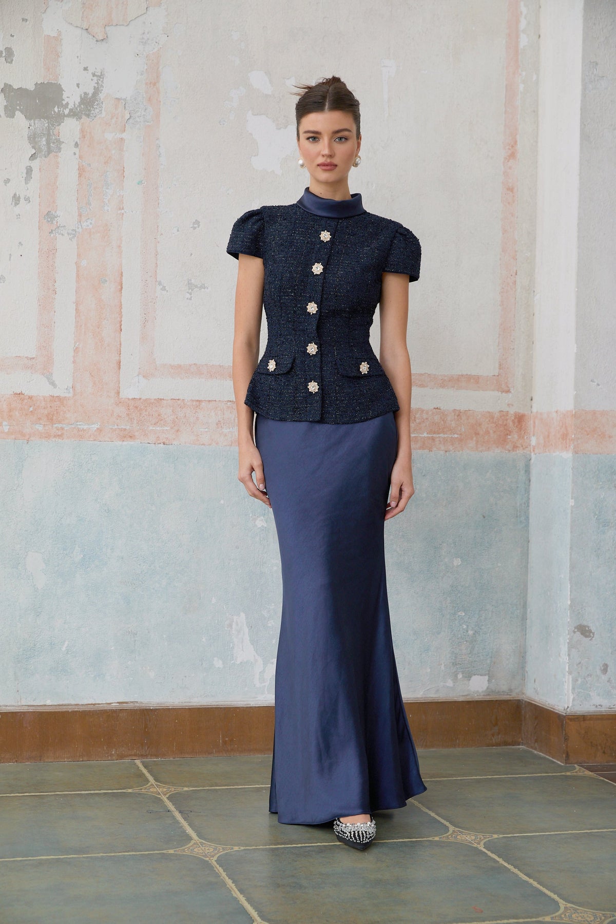 Josette blue peplum-waist panelled maxi dress